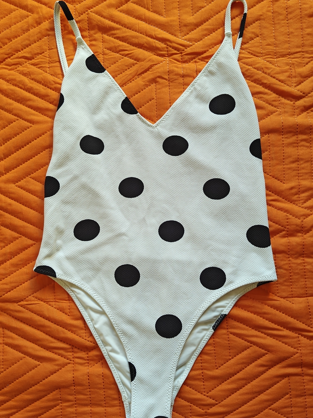 ZARA Women White/Black Polka Dot Textured Spaghetti Strap One Piece Lined L